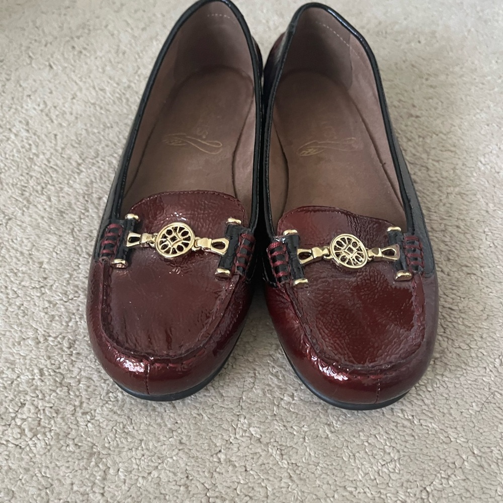 AEROSOLES Red and Gold Flats with Patent Finish